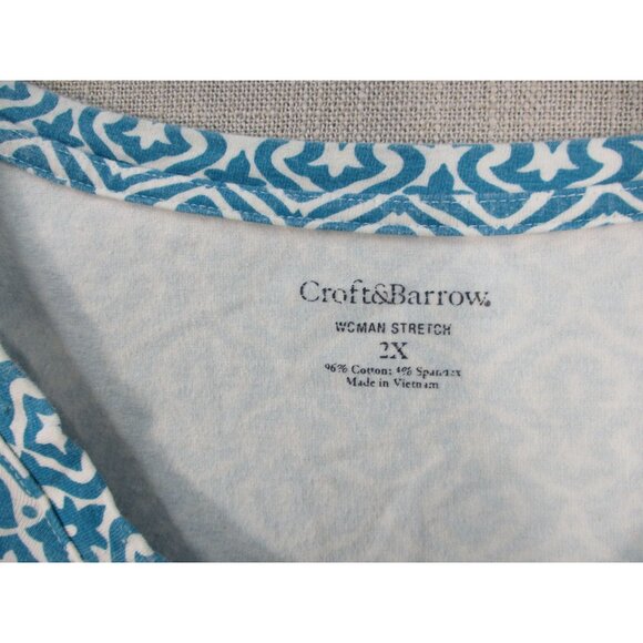 Croft & Barrow Womens Stretch Blouse Blue White Geometric Print 2X - Picture 2 of 7